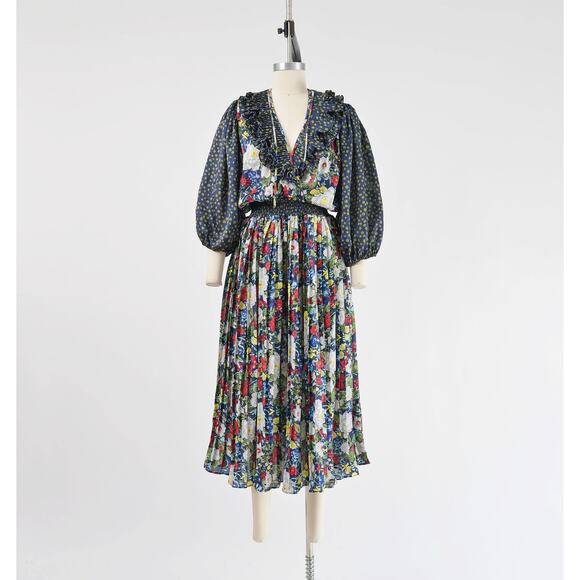 Vintage 80s Blue Floral Ruffle Neck Balloon Sleeve Pleated Midi Dress size S M - Picture 2 of 9